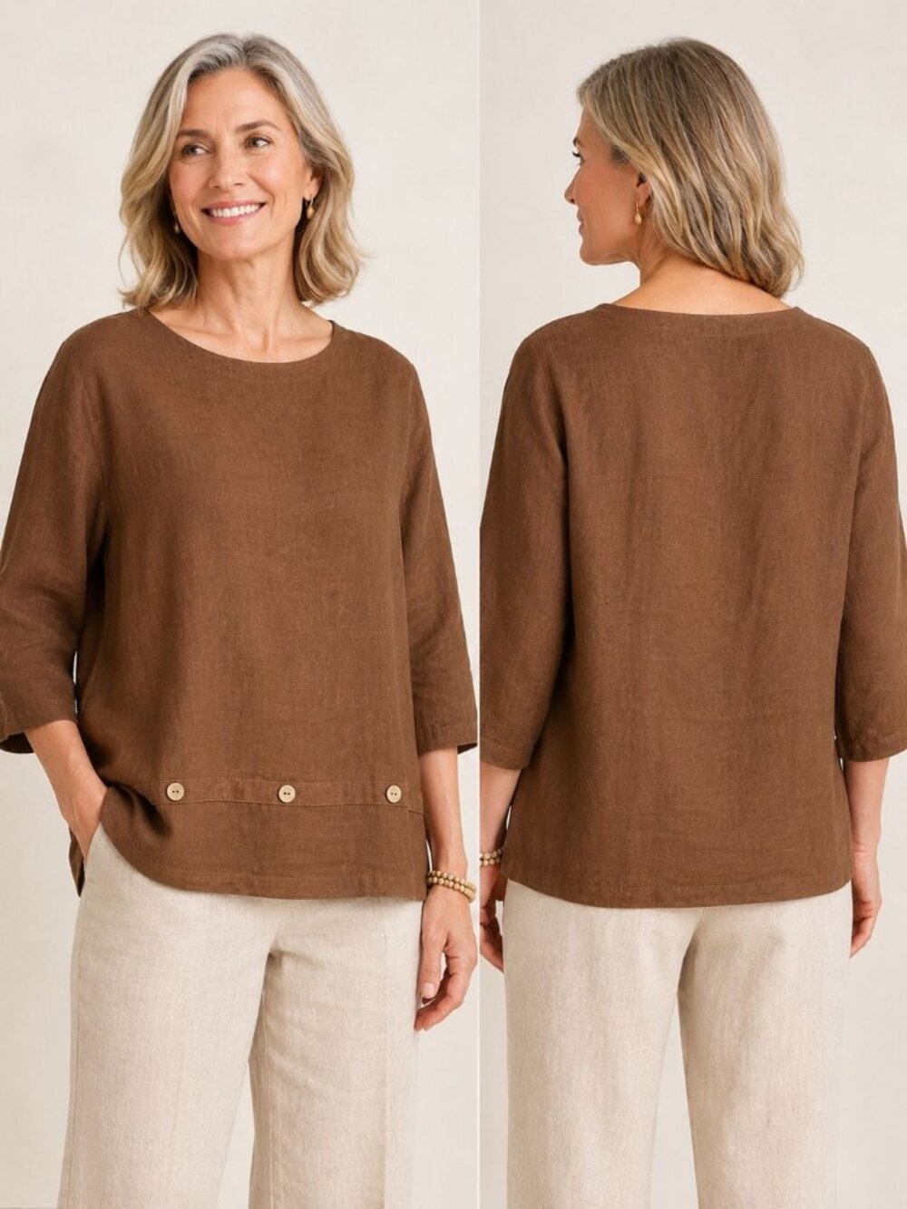Hot Cotton By Marc Ware Women Boxy Top Linen W/Button Detail Brown Xlarge